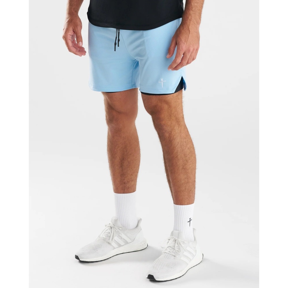 Three Nails Mens 2-in-1 Training Shorts Light Blue Liner Gym Athletic Size L